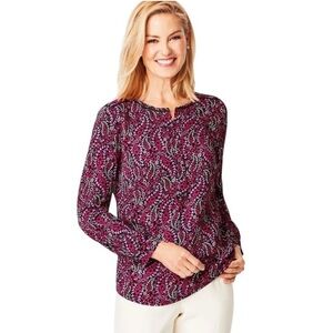 Talbots PM Black & Pink Floral Vines Print L/S Split Neck Popover Blouse